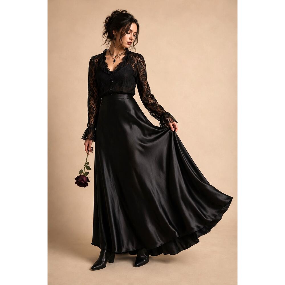 Black Satin Maxi Skirt Dark Academia Whimsigoth Gothic Size 14 Large Silk Feel